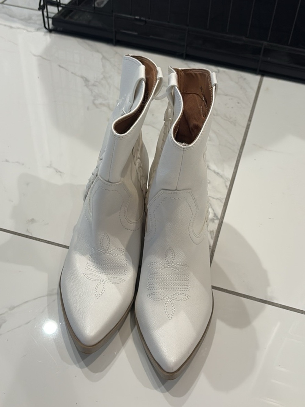 DV by Dolce Vita White Pointed Western Booties with Stitch Detail